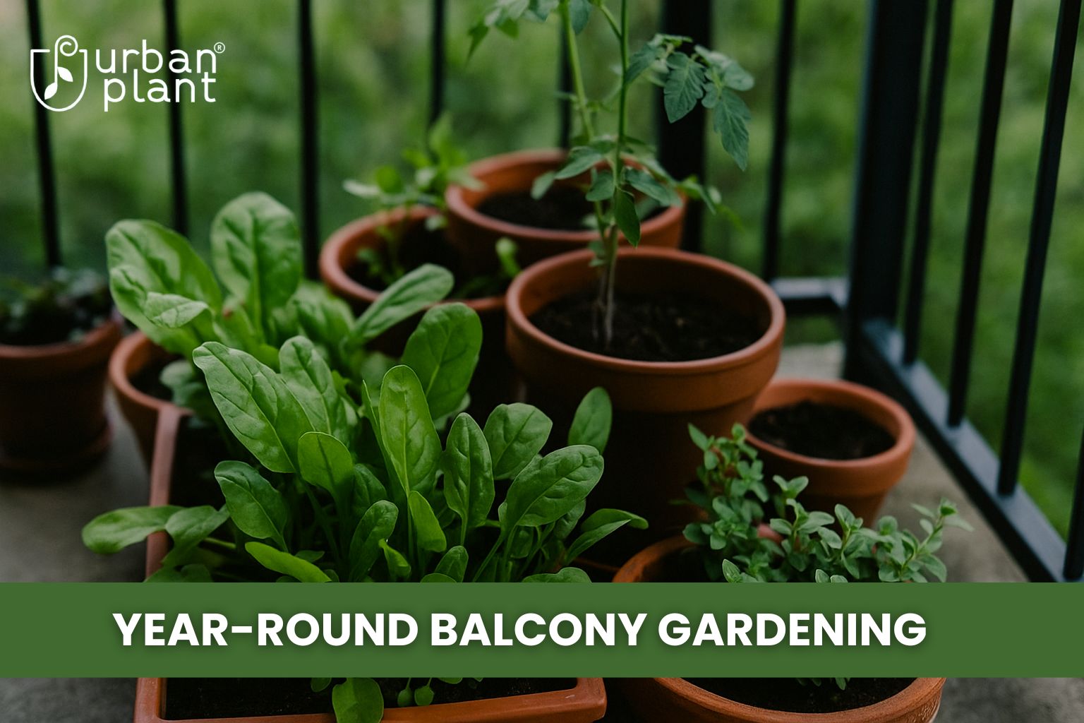Urban Plant image showing year-round balcony gardening with spinach, tomato, and herb plants thriving in terracotta pots on an Indian balcony